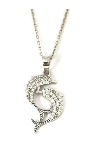 Omar Silver Kadın Çift Yunus Model Zirkon Taşlı Gümüş Kolye (513866973)
