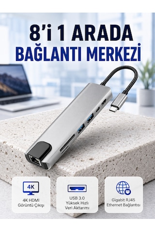 Seyahat Dostu 8 İn 1 Hub Şarj & Veri & Video & Ağ İçin Eksiksiz Çözüm Kopya Diğer