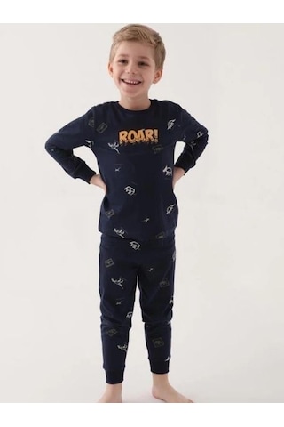 Cantoy Erkek Çocuk Roar Yazılı Dinozor Baskılı Uzun Kollu Pijama Takımı-16036 Lacivert