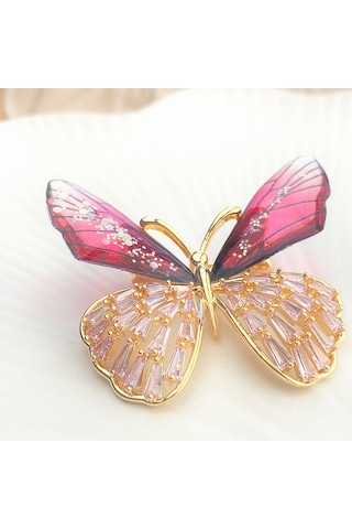 Broş Kadın Altın Kaplama Zirkon Taşlı Kelebek Yaka İğnesi Broş Ro Altın - Kırmızı