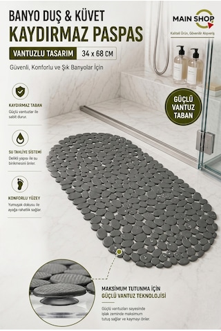 Mainshop 1 Adet Vantuzlu Banyo Duş Ve Küvet Kaydırmaz Paspas - 34 X 68 Cm M-130 Gri