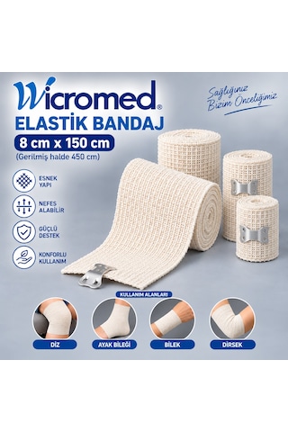 Wicromed Elastik Bandaj 8x150 Cm Metal Klipsli Esnek Destek Bandajı 50 Ad