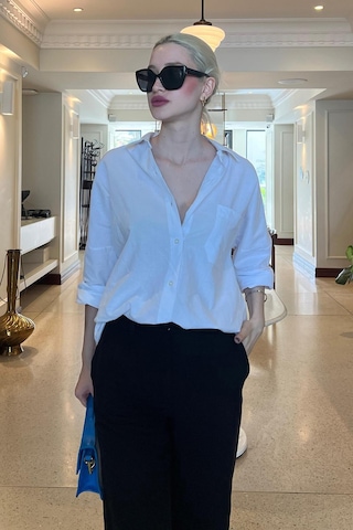Madmext Beyaz Oversize Basic Cepli Poplin Gömlek Mg1530 Beyaz
