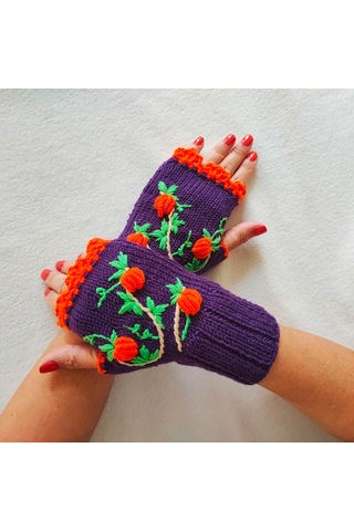 Newdaycraft El Örgüsü Motifli Parmaksız Eldiven / Bileklik - Halloween Mor Koyu Mor