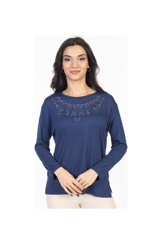 Yeni Model Taş İşlemeli Yuvarlak Yaka Likralı Anne Penye Bluz 6420-indigo İndigo