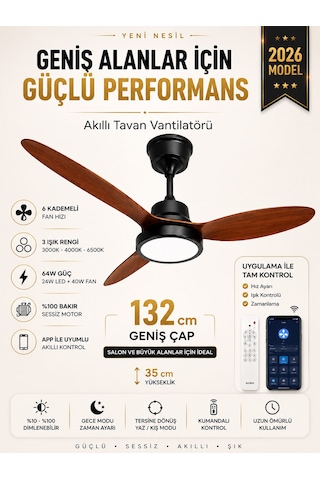 132 Cm Akıllı Tavan Vantilatörü Kumandalı & App Kontrollü 6 Kademeli Sessiz Led Tavan Fanı 3 Işık Modlu Yaz/kış Modu