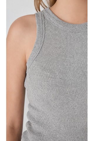 Feyece Gri Zargo Model Fitted/vücuda Oturan Geniş Biyeli Halter Yaka Fitilli Esnek Örme Crop Bluz