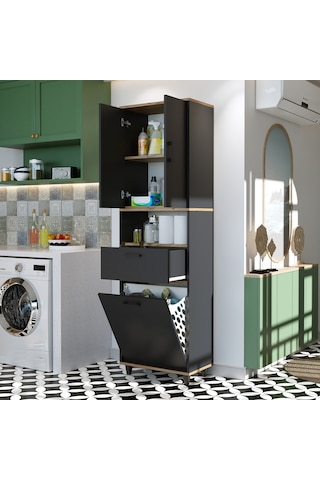 Çamaşır Sepetli Banyo Dolabı, Çok Amaçlı Dolap 60 X 200 Antrasit- Atlantik Çam