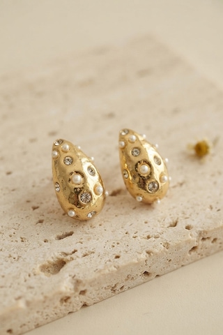 316l Çelik Gold Renk Taşlı Damla Model Küpe Açık Gold