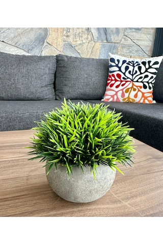 Premium Yapay Çim Topu Gri Saksıda Dekoratif Masa Üstü Çiçeği Yeşil