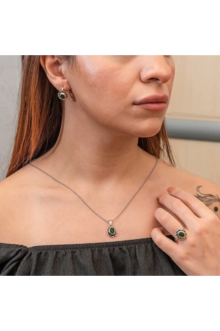 Gümüş Yeşil Çiçek Desenli Otantik Kadın Set Gümüş