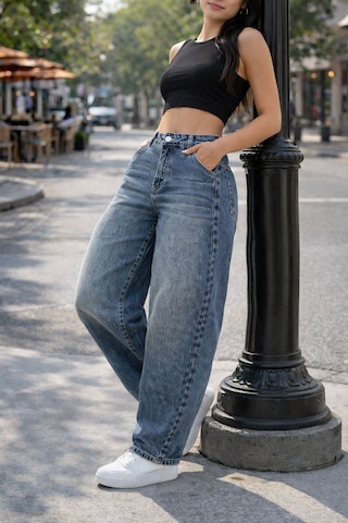 Cedy Denim Cedy Denım Yüksek Kalite Kadın Yüksek Bel Baggy Skater Jean Mavi