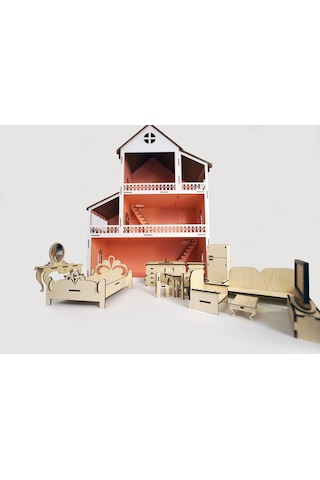 Wood Kids Toys Mobilyalı Ahşap Bebek-Çocuk Oyun Evi Seti