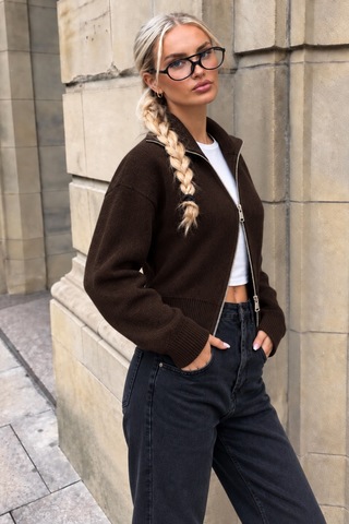Cool Tarz Kadın Stardart Beden Çift Fermuarlı Dik Yaka Crop Triko Hırka Kahverengi Kahverengi