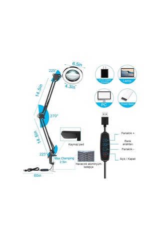 Katlanabilir Büyüteç Usb 3 Renkler Bakım Güzellik Led Masa Lamba