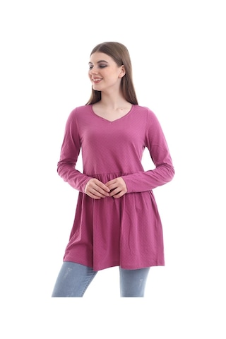 Self Clothing Kadın Pembe Rahat Kalıp V Yaka Bluz-Pembe