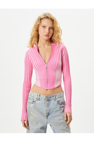 Koton Crop Kapşonlu Triko Hırka Fermuarlı Peluş Detaylı Dar Kalıp Pembe 4wal90005ıt 4WAL90005IT286 Gül