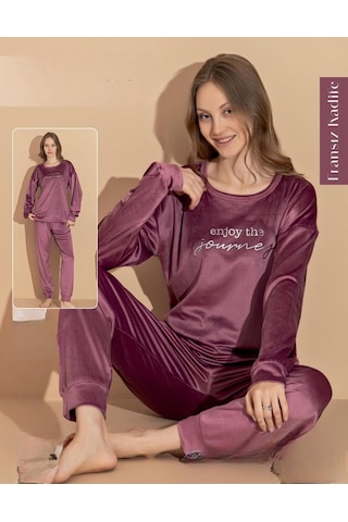 Boyraz Kadın Kışlık Fransız Kadife Bisiklet Yaka Uzun Kol Pijama Takımı 03409- 1 Adet Gül Kurusu