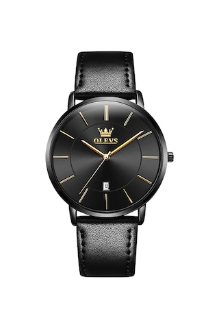 Olevs 5869 Erkekler İş Su Geçirmez Hakiki Deri Kayış Kuvars Saat Siyah