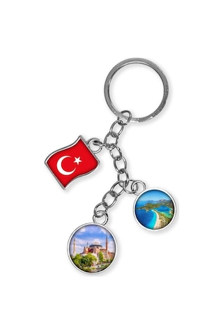 Türkiye Üçlü Epoksi Metal Çift Taraflı Damla Anahtarlık Turkey Gümüş