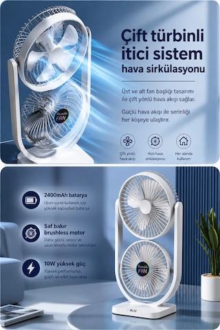 Exenar - Siyah - Çift Başlıklı Masaüstü Fan Brushless Motor 10w Güçlü Vantilatör Ayarlanabilir Başlık 2400 Mah Şarjlı