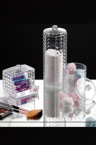 Flosoft Diamond 3 Lü Pamuk Organizer, Disk Pamukluk Makyaj Pamukluğu Kulak Çubukluğu 3 Lü Set Şeffaf