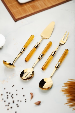 5 Parça Gold Servis Seti & Servis Sunum Seti Amber Kepçe / Kevgir / Sıpatula / Çatal / Kaşık Sarı