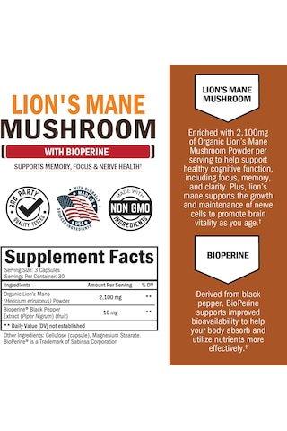 Bioschwartz Organic Lions Mane Mushrooms With Bioperine Nootropic Brain Memory Focus 90 Caps Aromasız