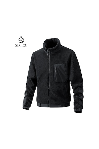 Dik Yaka Polar Günlük Hırka Açık Hava Erkek Kuzu Polar Ceket Siyah