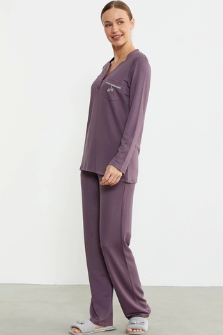 Feminight Sementa 76438 Yarım Düğmeli Cep Detaylı Pijama Takım Mor