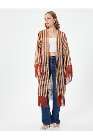 Koton Oversize Kimono Püskül Detaylı Etnik Görünümlü Kahverengi Çizgili 3sak30072ek 3SAK30072EK5S0 Kahverengi