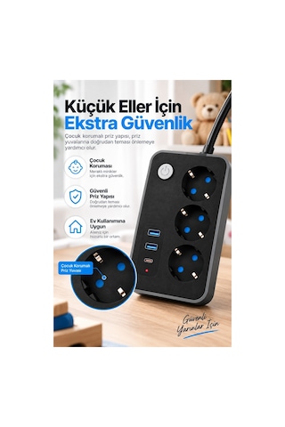 Robeve Blic 3 Lü Termal Akım Korumalı Uzatma Prizi 2 Metre Kablolu, 2 Usb + 1 Type-c Hızlı Şarj, Çocuk Korumalı, Aç/kapa Anahtarlı Çoklu Priz Grup Priz Grup Uzatma Prizi 3'lü Priz 2 M