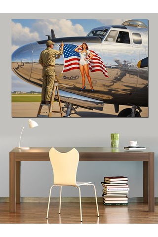 Amerikan Bayraklı Savaş Uçağı Dekoratif Kanvas - Mdf Ahşap Tablo