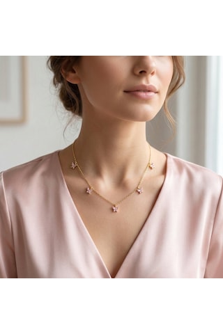 925 Ayar Gümüş Pembe Taşlı Altın Kaplama Şans Kelebek Kolye Gold