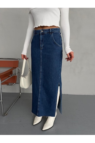 Zeo Basic Yanlardan Yırtmaçlı Jean Maxi Etek Mavi