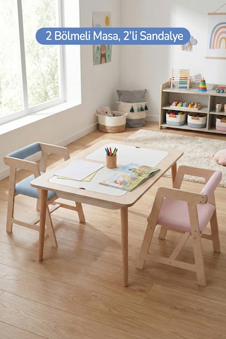 Montessori Çocuk Ahşap Oyun Etkinlik Çalışma Masası, 2 Sandalye Seti Ahşap