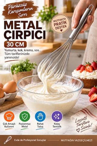 30 Cm Metal Çırpıcı Paslanmaz Çelik El Çırpıcısı Yumurta Kek Krema Sos Karıştırıcı Mutfak Gereci Tel Gümüş