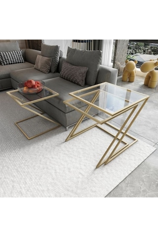 Misto Z Şekil Camlı Üçlü Zigon Sehpa Gold