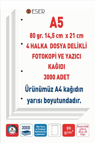 Eser 4 Delikli Navigator Marka A5 Fotokopi Yazıcı Kağıdı 80 Gr. 3000 Adet A5