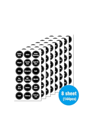 Dofolink 144 Adet 3.8 Cm Çaplı Zarfli Baharat Etiketleri - Mutfak Organizasyonu İçin Transparan Pvc Sticker Seti Siyah