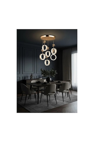 LumiaLighting Aurea Model 6'lı Gold 3 Renk Modu Ledli Kristal Taşlı Modern Salon Mutfak Oturma Odası Led Avize Altın