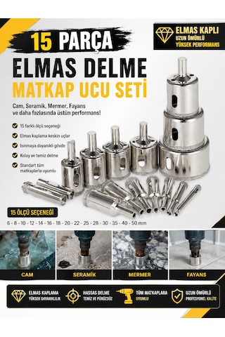Rekotools-elmas Kaplı Cam Fayans Delme Matkap Ucu Seti 15 Parça Boru Tipi Panç Seti Sulu Delim