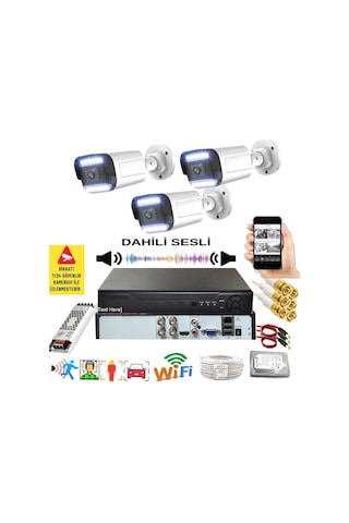 3 Kameralı Set - Yapay Zeka Özellikli Gece Renkli Sesli FullHD 5Mp Lensli 12 Warm Ledli Güvenlik Kamerası Seti 312WS-104