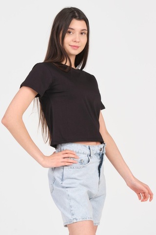 As Collection Siyah Bisiklet Yaka Kısa Kol Örme Kadın Crop 001