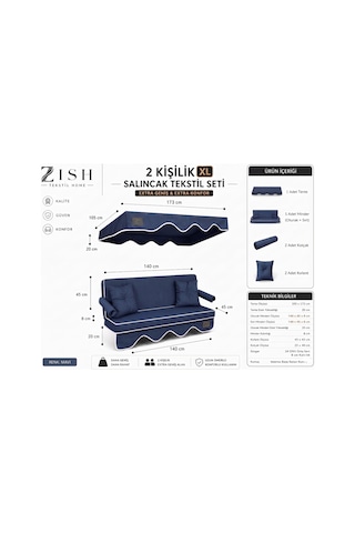 Zishome 2 Kişilik Mavi Lacivert Yıkanabilir Kılıflı Bahçe Balkon Salıncağı Tekstil Seti 140x45x8 Cm Minder Ölçüsü Oturak Sırt Minderi Ve Tente Takımı, Metal İskelet Dahil Değildir