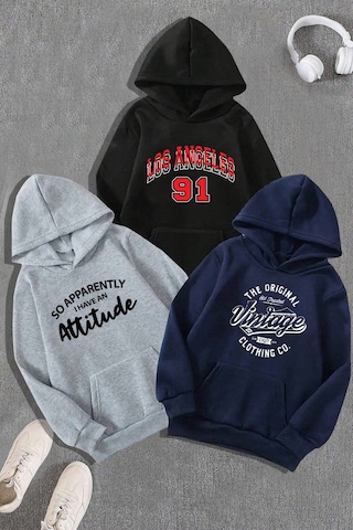 3'lu Paket Baskılı Oversize Sweatshirt Gri