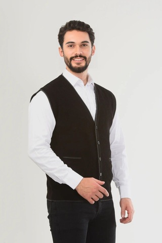 Kamalı Siyah Erkek V Yaka Triko Düğmeli Cepli Çizgi Desenli Regular Fit Tüylenmeyen Örgü Yelek Siyah