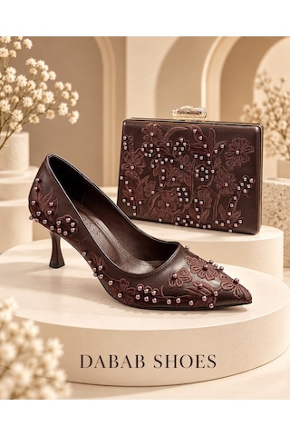 Dabab Shoes Vıanel Kadın Acı Kahve Çiçek Nakışlı İnci Detaylı Sivri Burun 7 Cm Kadeh Topuklu Stiletto Ayakkabı Ve Abiye Çanta Kahverengi