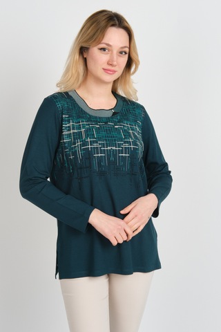 Detay Triko Kadın Taş Detaylı Desenli Yanları Yırtmaçlı Uzun Kol Anne Bluz 5741 Zümrüt Zümrüt