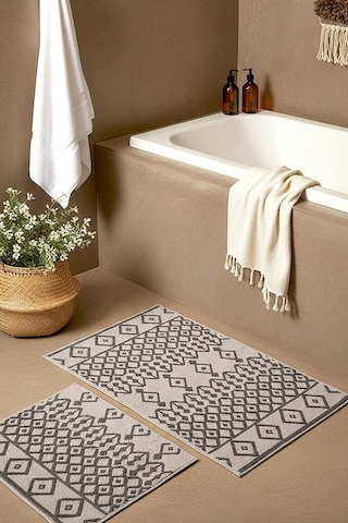Gri Etnik Desen 2 Li Banyo & Klozet Paspas Takımı